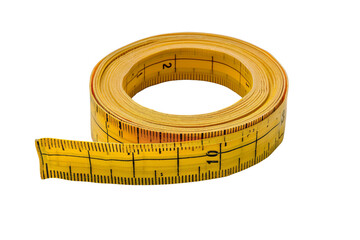 yellow measuring tape in a rolled-up position, used to measure length. perfect for diy projects, con