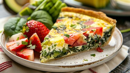 Wall Mural - Image 9 A tropicalinspired quiche filled with spinach tomatoes and feta cheese topped with a layer of sliced avocado and served with a side of mixed fruit salad.