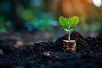 money savings filled with coins and growing plant for sustainable financial planning for retirement or eco subsidy investment for environment protection , Generative AI