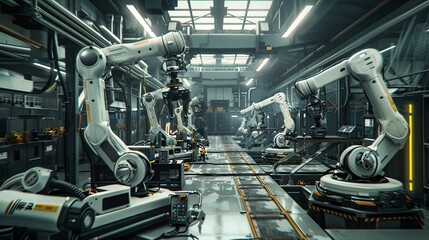 Poster - A clean and efficient high-tech manufacturing plant featuring robotic arms and automated systems controlled by AI to optimize production processes. Generative AI