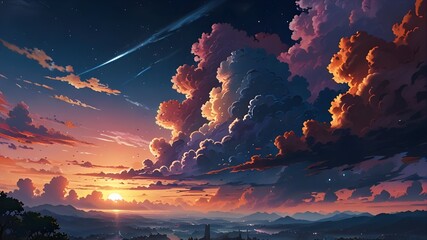 Wall Mural - Anime fantasy wallpaper background concept : Fiery orange and red hues paint the dramatic mountain sunset sky, casting long shadows across the landscape, generative ai