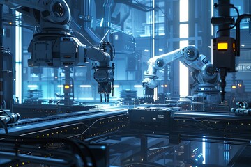 Leinwandbilder - A modern manufacturing facility showcasing robotic arms controlled by AI, optimizing production processes with clean and efficient technology. Generative AI