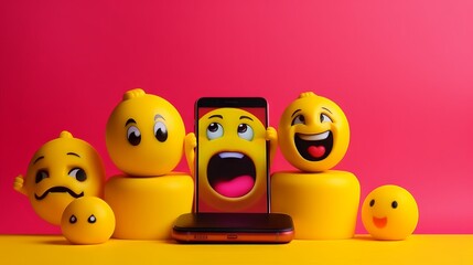 Emoji jump with his friends on mobile phone with vibrant colors