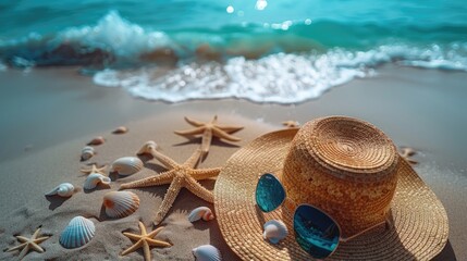 Beach background with summer hat, sunglasses and seashells on the sand. vacation concept