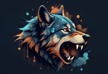 Fractal portrait of a wolf in digital art style. 3D rendering,  Portrait of a wolf with red and blue splashes on a black background, A (minimalist wolf) forming a dream catcher 4k, high detailed, full