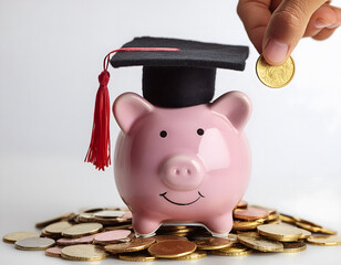 Close-up of a hand places a coin into a pink piggy bank wearing graduation cap, isolated on white background with copy space area, symbolizing savings and investment.