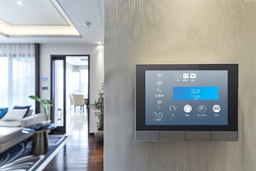 Poster - In a smart home, a touchscreen control panel on a contemporary wall displays options for lighting, security, and climate control. Generative AI