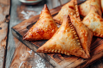 Homemade samosas on a wooden board