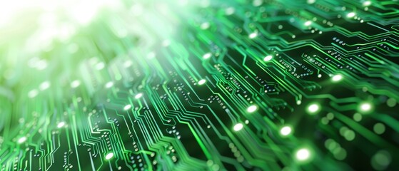Green Circuit Board with Glowing Lights.
