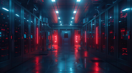 The image is a dark and mysterious laboratory with red and blue lights.
