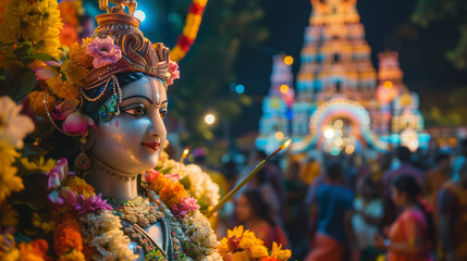 Janmashtami festival in India, people gather around the statue of Lord Krishna decorated with flowers, majestic temple background with bright lights, AI generated Images