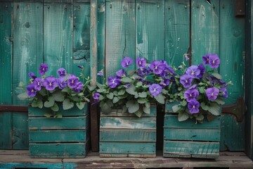 Wall Mural - A pair of wooden boxes filled with purple flowers, great for decoration or gift wrapping