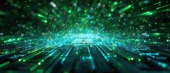 Futuristic Green Circuit Board with Bokeh Lights.