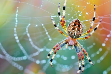 A spider sits at the center of its intricate web, surrounded by delicate threads and waiting for prey