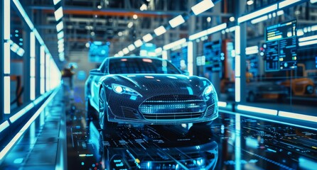 Wall Mural - High-tech car factory with advanced robotic systems and digital interfaces