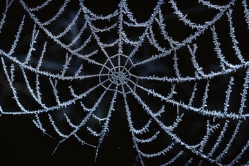 A close-up of a spider web covered in frost, perfect for winter scenes or nature photography