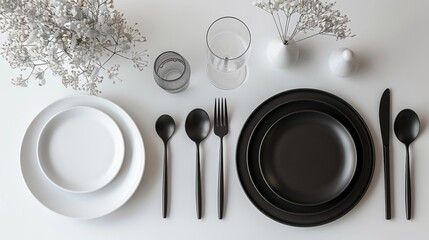 Minimalist table setting flat lay, with monochrome plates, delicate glassware, and simple cutlery, stylish and clean, raw style