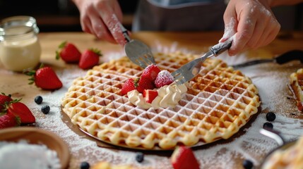 Wall Mural - A person cutting a waffle with fresh strawberries and blueberries