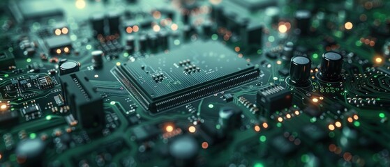 Wall Mural - Close-up of a Circuit Board with Integrated Circuits and Bokeh Lights.