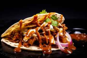 Wall Mural - Yummy Smash Burger Taco with caramelized onions and barbecue sauce on a dark plate