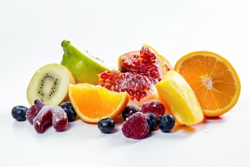 Poster - A colorful arrangement of fresh fruits on a white surface, perfect for marketing or culinary use