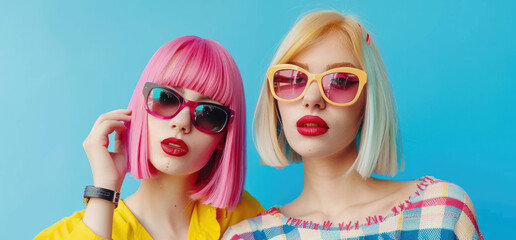 young woman with pink hair and blond wig posing in colorful , one of them is wearing sunglasses, isolated on blue background