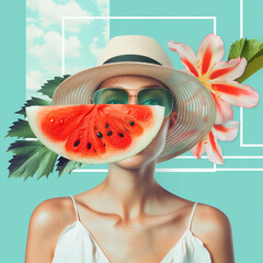 Sticker - An artistic and vibrant collage showcasing a woman's face with watermelon slices and green leaves, conveying a fresh and summery feel.