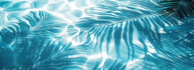 Close-up shadows of palm fronds on the water, blurred backgrounds and banners containing areas of replicated space. Soft blue style for summer concept.