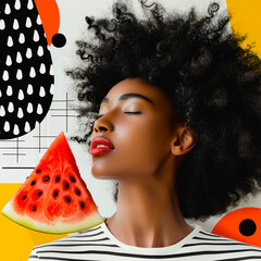 Wall Mural - A dynamic and colorful portrait of a woman with curly hair and a watermelon slice, set against a playful background, highlighting beauty and joy.