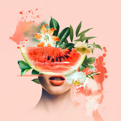 Sticker - An artistic portrait of a woman with watermelon slices and colorful abstract splashes, capturing a lively and creative summer atmosphere.