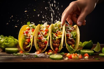 Wall Mural - Hand sprinkling cheese on Smash Burger Tacos with a blurred background
