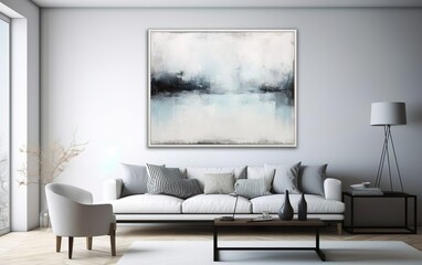 Living room interior design. Minimalistic style art studio space mockup. Huge white framed blank art canvas on large wall in minimal room. Soft day light. Gallery, exhibition, exposure. AI Generative.