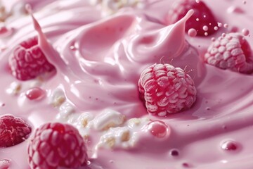 A close-up shot of a bowl filled with creamy yogurt and fresh raspberries, perfect for a healthy snack or dessert