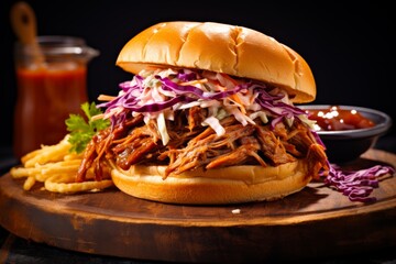 Wall Mural - Tasty sweet and spicy BBQ pulled pork sandwich with coleslaw