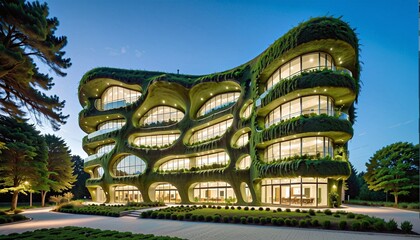 conceptual representation of a futuristic energetic apartment building with a planted facade to regulate the temperature and create green spaces for natural diversity
