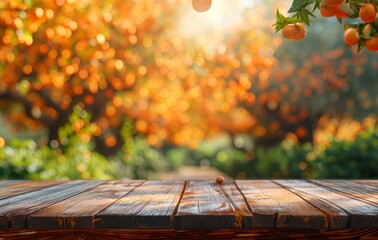 Wooden Tabletop with Blurred Orange Tree Background