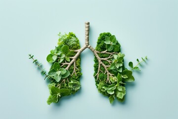 Creative representation of lungs made from various green plants, symbolizing eco-friendliness and the importance of nature, perfect for environmental campaigns.