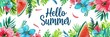 © Darya - Watercolor banner with 'Hello Summer' text surrounded by tropical flowers and watermelon slices, perfect for summer invitations and greeting cards.