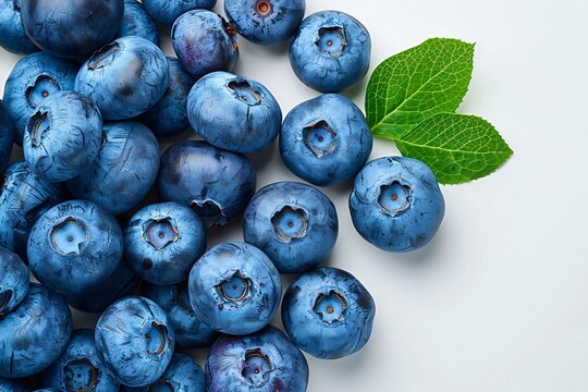 Vibrant collection of blueberries with green leaves on a white background promises a burst of sweet, organic flavor. Enjoy the goodness of nature in this appetizing image