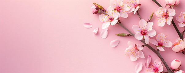 Pink cherry blossoms and petals on a soft pink background