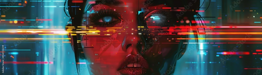 Futuristic digital art featuring a woman with glowing eyes and vibrant ...