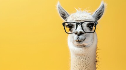 Llama Wearing Glasses Against a Yellow Background
