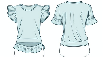 Wall Mural - A fashion flat sketch vector illustration of a girls' box pleat sleeve t-shirt top, showcasing front and back views