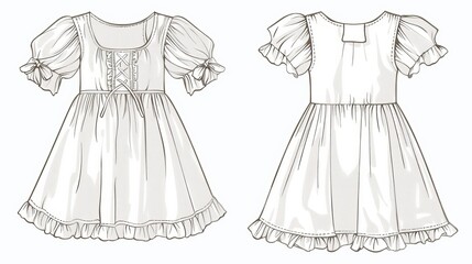 Wall Mural - A flat sketch fashion illustration template of a girls' empire babydoll dress with smocking chest details and butterfly sleeves, shown from front and back views