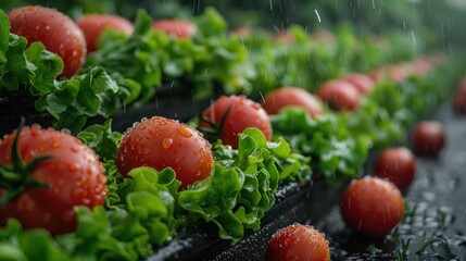 Canvas Print - Ripe Tomatoes Under Rain in Greenhouse