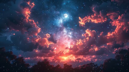 Wall Mural - A mystical celestial wall background featuring a starry sky with bright constellations and a glowing full moon, surrounded by soft, colorful nebulas, creating a dreamy and serene ambiance, hd quality