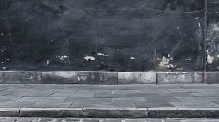 Sticker - Black Wall and Stone Pavement in Urban Environment - A dark, worn wall with peeling paint meets a gray stone pavement in a city setting.