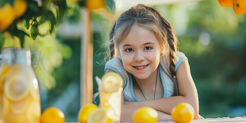 Wall Mural - A happy girl holding a jar of lemonade, smiling joyfully in a garden.