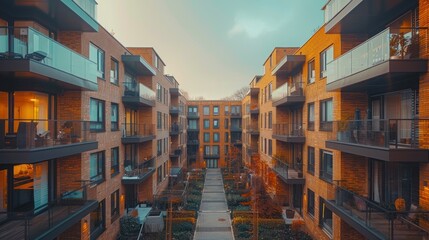 Wall Mural - Modern Brick Apartments with a Green Courtyard