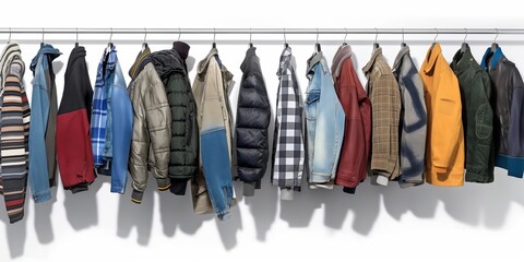 Wall Mural - A variety of fashionable jackets and outfits on hangers in a retail store, emphasizing style and casual wear.